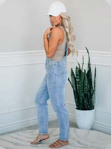 Elegante pantalón de peto vaquero lavado de moda para mujer - Lavado ligero - Ver 3
