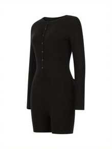 Women's V-Neck High Waist Playsuit, Casual Solid Color Romper, Long Sleeve Short Pants Button Clothing - Black - View 5