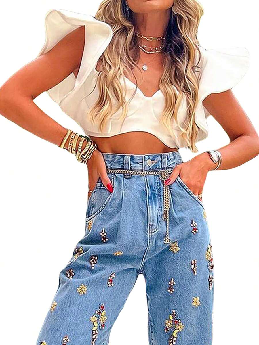 Women Tanks Tops With Ruffle Decoration, Solid Color Navel Sweet Style Skinny Summer Clothing - trắng - Xem 1