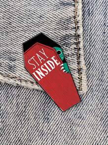 1PC Stay Inside Gothic Horror Skull Coffin Brooch Pin - Zinc Alloy, Perfect For Halloween & Casual Attire, Unique Fashion Accessory For Women