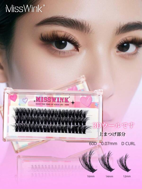 Miss Wink 60 peças 60D Novos cílios postiços 3D realistas naturais de 12-16 mm mistos de 3 fileiras feitos à mão, conjunto de combinação D Curl DIY, ajuste perfeito para os olhos, cílios de anime de 0,07 mm, não irritantes e materiais, compactos e portáteis, presente adequado para mulheres ou meninas