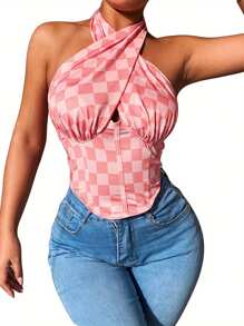 Women Halter Tank Tops With Hollow Chest, Skinny Fit Geometry Pattern Summer Clothing - Pink - View 3