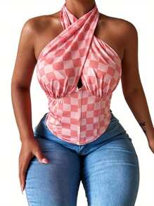 Women Halter Tank Tops With Hollow Chest, Skinny Fit Geometry Pattern Summer Clothing - Pink - View 4