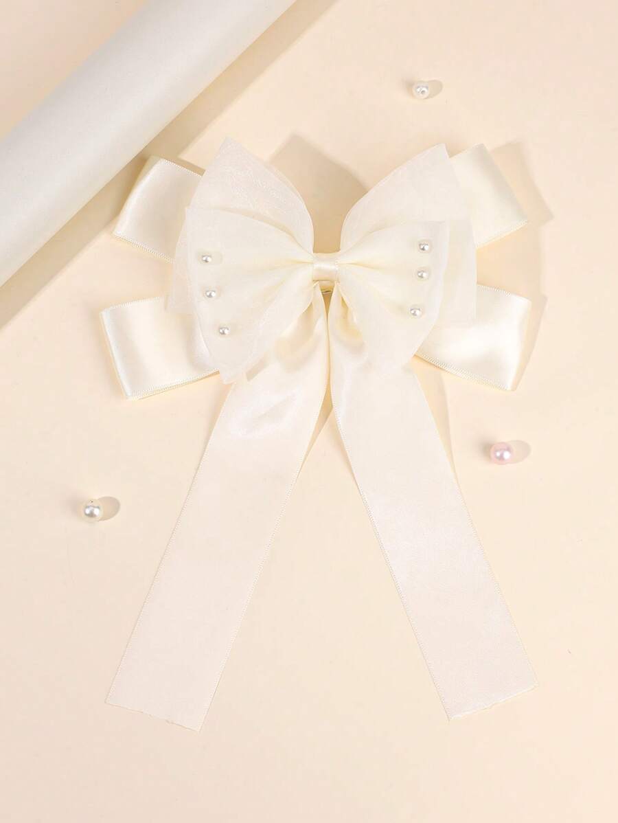 1 件装优雅丝带发饰女士多层蝴蝶结鳄鱼夹配珍珠纯色发夹婚礼度假女孩发夹弹簧发夹儿童发饰