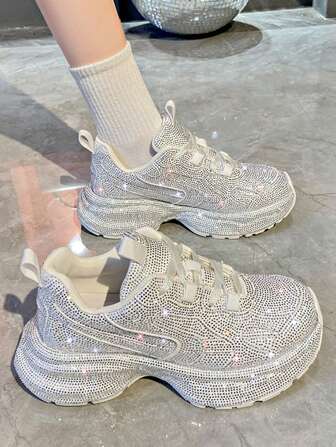 Witte Starry Crystal Platform Sportschoenen voor dames, modieuze, verhoogde casual hardloopsneakers, lente/herfst 2025 Ins-stijl