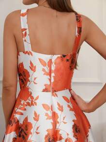 Women's Elegant Long Dress With Floral Print & Wide Straps, Party Dress, Wedding Guest Dress, Prom Dress - Red and White - View 5