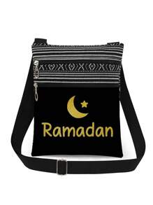 复古优质星月字母设计男女通用单肩斜挎包，可重复使用，时尚休闲斜挎包，金色图案印花收纳包，派对礼物，星月爱好者的礼物 - 黑色 - 查看 2