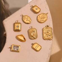 1pc Fashionable Geometric Jewelry Accessory, 18K Gold Plated Stainless Steel Water Drop Rose Cube Pendant, For Women