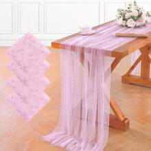 4 Pieces Pearl Table Runner Tulle Fabric Lace Tablecloth For Bridal Shower Birthday Party Wedding Arch Veil Thanksgiving Halloween Christmas Dessert Table Decorations
