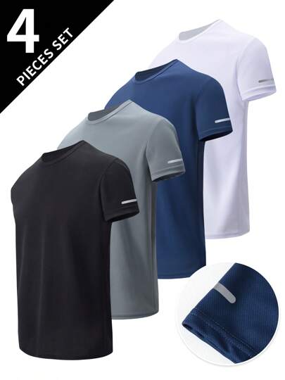 4pcs Men Short Sleeve Sport Casual Tops, Round Neck T-Shirts, Running Workout Breathable Quick Dry Tees, Absorbs Sweat