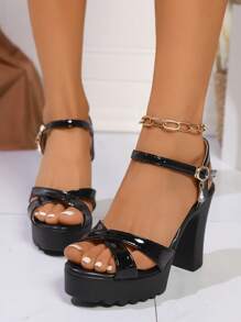 全新夏季露趾水晶扣交叉黑色粗跟女式凉鞋