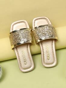 1双加大码金色亮片幼儿/女童时尚凉拖鞋，露趾，平底，防滑，可爱罗马风格，适合3-15岁女孩，日常、休闲、旅行、春夏穿着 - 金色 - 查看 7