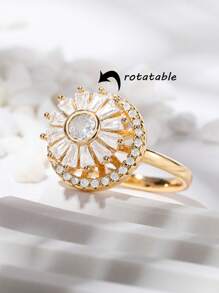 1 pièce Bague à cristaux de luxe en forme de flocon de neige pour femmes. Bague rotative, anti-stress, réglable, cadeau de mode bijoux anti-anxiété