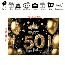 1pc Elegant Gold 50th Birthday Party Background, Polyester Fabric, No Electricity, Suitable For Housewarming, Anniversaries And Celebrations, Shiny Balloons And Champagne Design - Multicolor - View 2