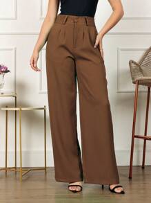 Tailored Wide Leg Pants - Brown - View 3