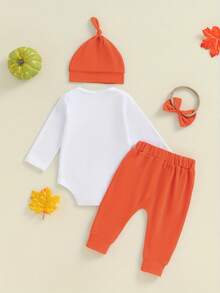 Newborn Baby Halloween Outfit Letter Print Long Sleeve Romper And Pants Beanie Hat Headband Set Baby Boy Girl 4 Piece Clothes - White - View 4