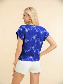V-Neck Blouse With Short Sleeves, Embroidered And Openwork, - 藏蓝色 - 查看 7