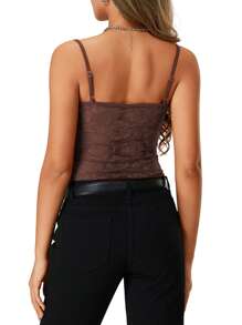 Women's Summer Lace Cami Tops Sleeveless Ruched Front Solid Color Camisole Slim Fit Tank Tops - Brown - View 3