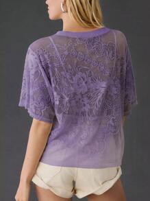 OPCAKM Women's Sexy Mesh Tops Y2K Short Sleeve Round Neck Lace 3D Printed Floral Sheer Blouse See Through Layering Shirt Tops