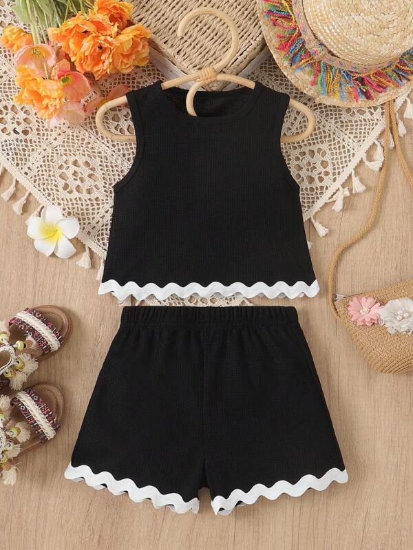 2 Stücke/Set Einfarbig Waffelmuster ärmelloses Top mit Wellensaum + lässige einfache Shorts, Outfit Set für Kleine Mädchen