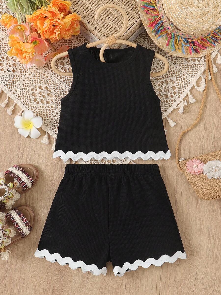 2pcs/Set Young Girls Solid Color Waffle Sleeveless Wavy Hem Top + Casual Simple Shorts, Outfit Set - Black - View 1