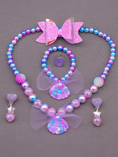 6 件套儿童公主项链手链首饰套装，美人鱼贝壳仿珍珠项链，适合小女孩公主裙配饰（吊坠贝壳颜色随机）