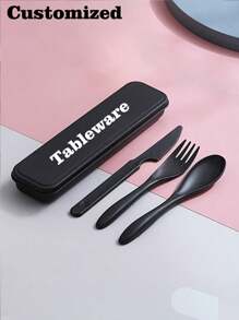 Personalisiertes 3er-Set tragbares Reisebesteck mit Etui, wiederverwendbares Essbesteck inklusive Besteck, Kaffee Löffel, Salat Gabel, Steakmesser und Aufbewahrungsbox