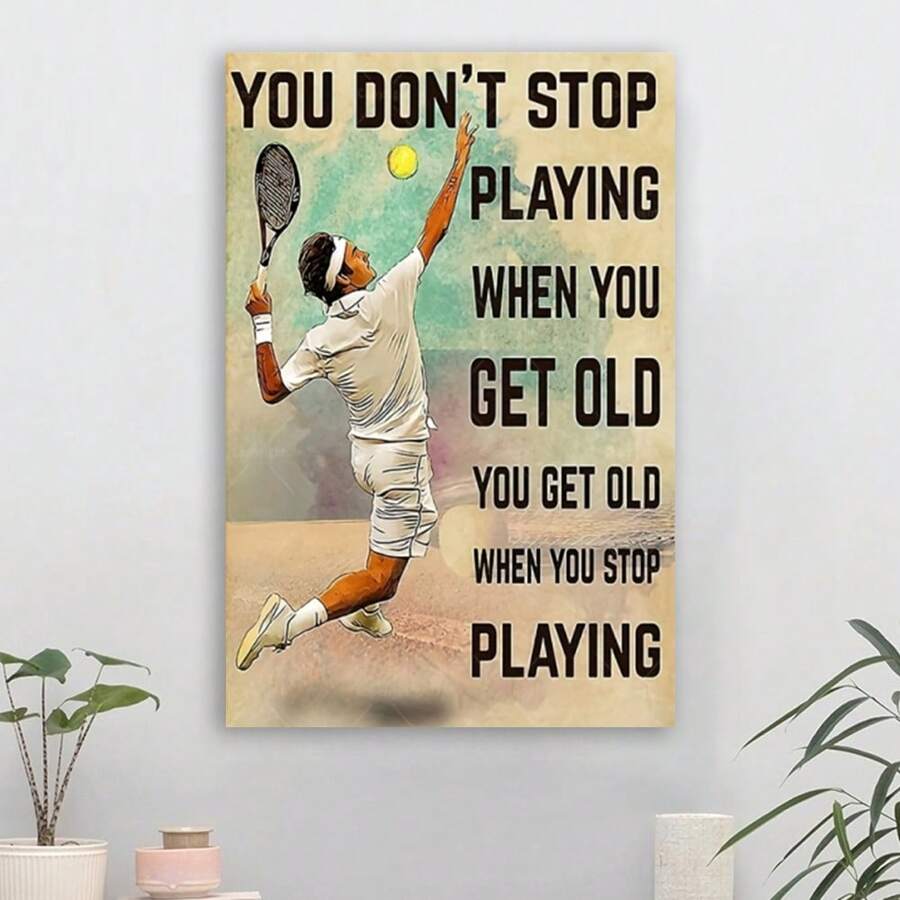 Framed Canvas Wall Art With Inspirational Tennis Quote, "You Don't Stop Playing When You Get Old" Motivational Tennis Player Illustration, High-Quality Pine Wood Frame, Wrapped Canvas Poster For Home Office, Living Room, Bedroom, Nursery, Classroom - Indoor & Outdoor Decorative Painting High Quality Canvas - 裱框 - 查看 1