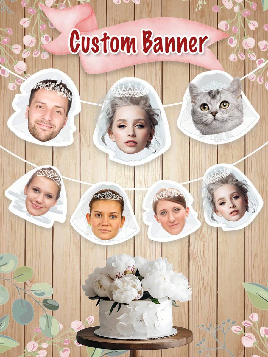 Banner personalizado de foto de novia, velo gracioso de despedida de soltera, ducha nupcial, novia por casarse, banner con cabeza personalizada, broma del Día de los Inocentes Novio, boda de mascota (4 tipos de velo) - Multicolor - Ver 1