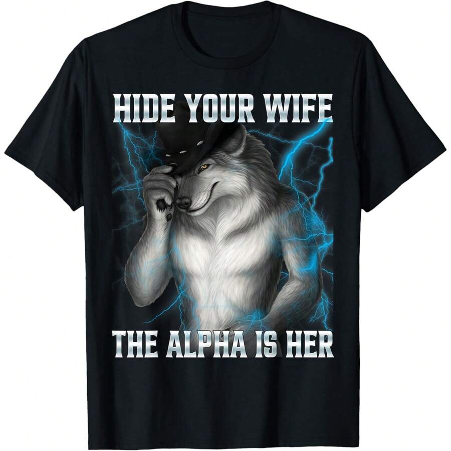 Retro Hide Your Wife The Alpha Is Here Funny Wolf Meme Men T-Shirt Oversized Short Sleeve Classic Heavy Cotton T Shirt Printed Graphic Tee Women's Casual Short-Sleeved Top - 設計7 - 查看 1