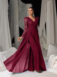 Faeriesty 惊艳长袖晚装连身裤，配雪纺覆层和闪亮亮片 - 优雅飘逸的轮廓，适合豪华宴会、红毯盛会、婚礼和正式晚会