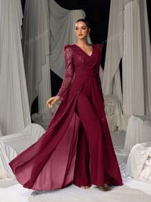 Faeriesty Stunning Long-Sleeve Evening Jumpsuit With Chiffon Overlay & Shimmering Sequin - Elegant Flowing Silhouette For Luxury Banquets, Red Carpet Galas, Weddings & Formal Evening Events