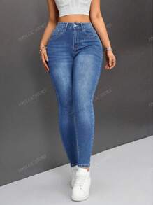 Jeans Mujer De Mezclilla Jeans ajustados de cintura alta para mujer, mezclilla elástica, estilo casual, azul clásico, pantalón largo, ropa de uso diario a la moda Vaqueros Ajustados De Cintura Alta Lavados