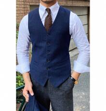 Retro Men's Herringbone Tweed Suit 3 Piece Set Wool Suits 1920's Themed Wedding Suit Vintage Style Groom Tuxedos Set Prom Jacket Blazer Vest Pants - 藍色 - 查看 5