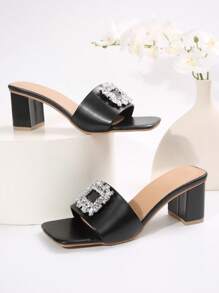 New Summer Women's Rhinestone Square Buckle Sandals, Fashion High Heel Slippers, Thick-Heel Slip-On Slippers, Suitable For Dating, Shopping, Commuting, Business, Home, Leisure