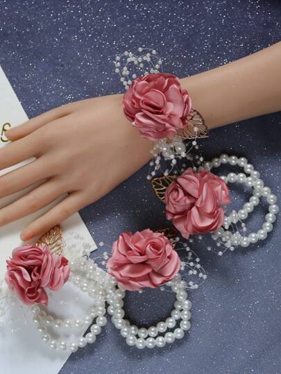 4 件套粉色伴娘弹力珍珠腕花，婚礼宴会装饰