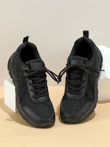 青少年黑色轻便透气休闲运动鞋，网眼柔韧防滑运动鞋，时尚健身休闲运动鞋 - 黑色 - 查看 3