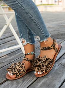 Women's Cute Bow Flat Sandals, Leopard Print Elegant Open Toe Sandals, Casual Outdoor Beach Slippers