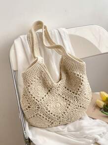 Handmade Crochet Hollow Tote Bag, Large Capacity, Pure Handwoven, Suitable For Summer Beach Vacation, Travel, Sweet Lady Bag, Beach Necessities, Beach Essentials,Beach Stuff & Summer Essentials, Newest Holiday Bag