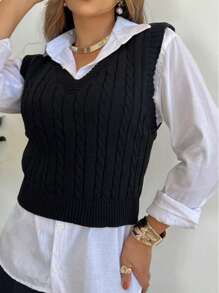 V-Neck Braided Knit Sweater Vest - màu đen - Xem 3
