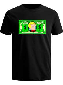 Alec Monopoly Richie Rich Money Dolar Camiseta Mafia ﻿ ﻿- Top Casual de Verano en Negro, Diseño Gráfico Blanco, Tejido de Poliéster Cómodo para Atuendo Casual, Ropa de Playa | Cuello Redondo Casual | Camiseta Ligera, Camisa de Playa Tejido Transpirable 220g algodón pesado - Negro - Ver 1