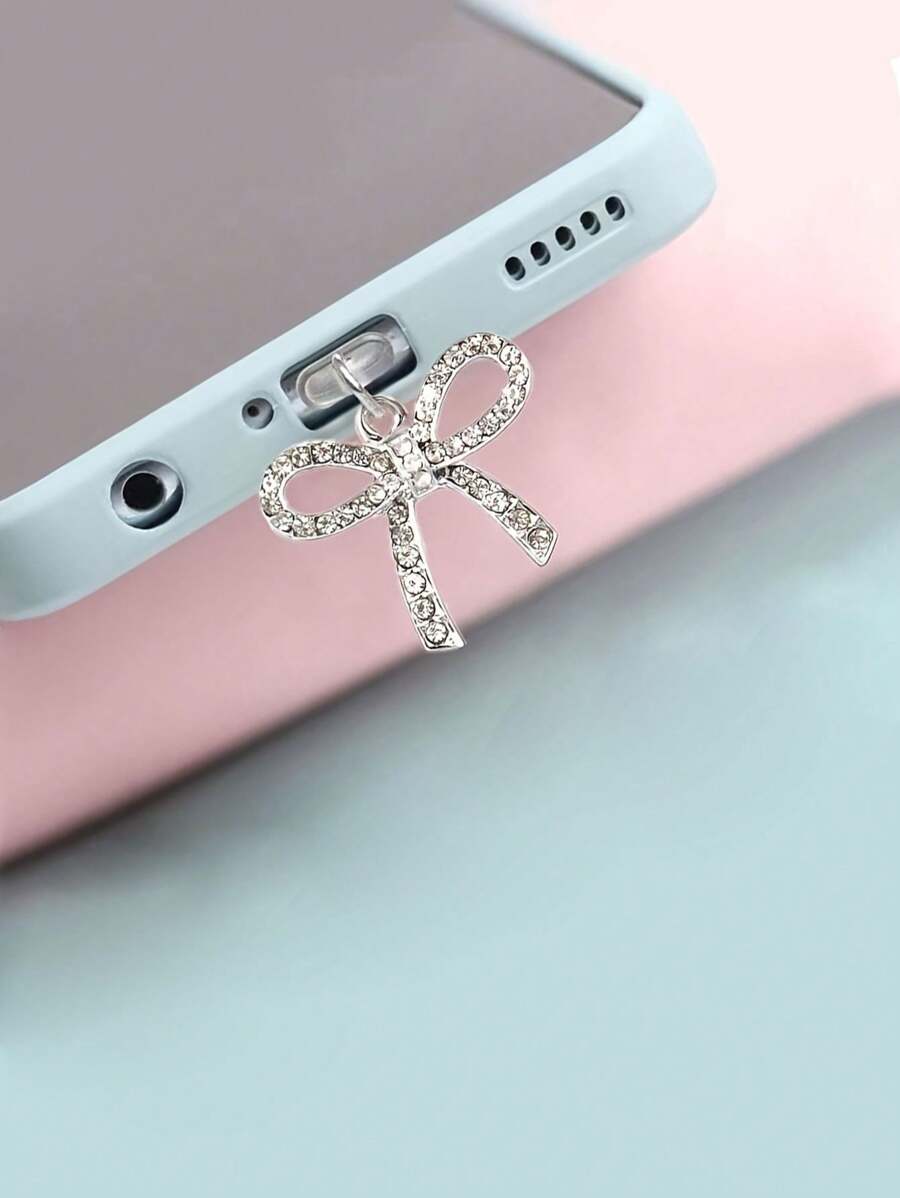 1pc Rhinestone Bow-Knot Shape Dust Plug Compatible With IPhone Port, Type-C Port, Android Phone Charging Port - Silver - View 1