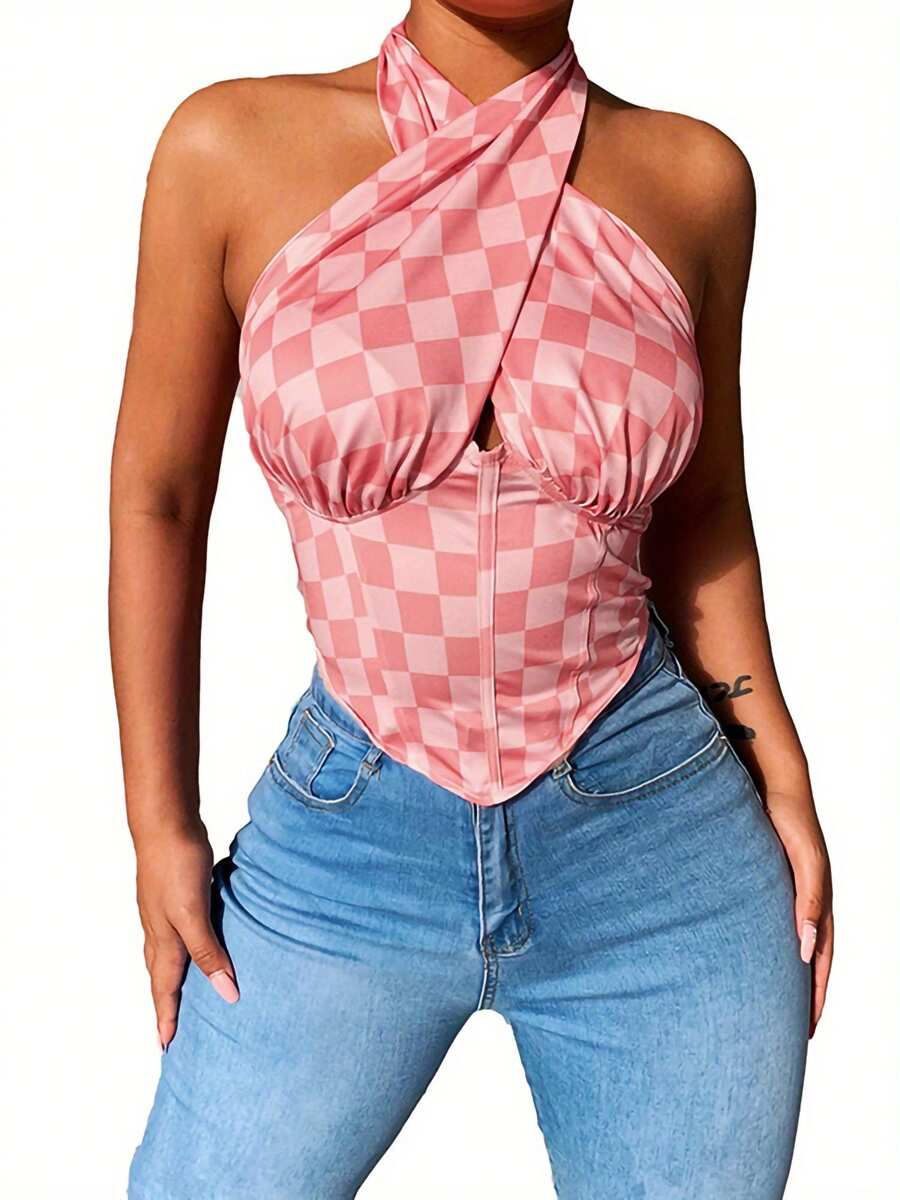 Women Halter Tank Tops With Hollow Chest, Skinny Fit Geometry Pattern Summer Clothing - Pink - View 1
