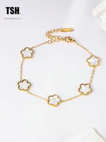 1 件时尚优雅复古百搭花卉钛钢幸运五瓣花手链，双面贝母三叶草五叶不锈钢手链 - 紅色 - 查看 10