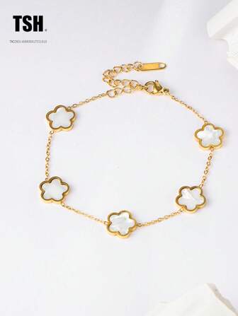 1 件时尚优雅复古百搭花卉钛钢幸运五瓣手链，双面贝母幸运四叶草五叶不锈钢手链