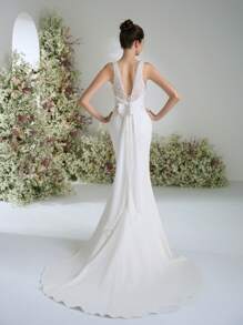 Summer Sequin Lace Plunging Neckline Ethereal Romantic Luxurious Bohemian Bridal Shower Dresses White Outdoor Mermaid Wedding Dress Bridal With Train,For Graduation, Dinner - White - View 3