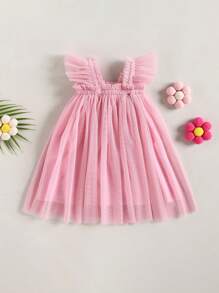 Vestido de niña pequeña con decoración de flores, manga de vuelo, vestido de princesa informal de capa de tul para verano - Rosa - Ver 2
