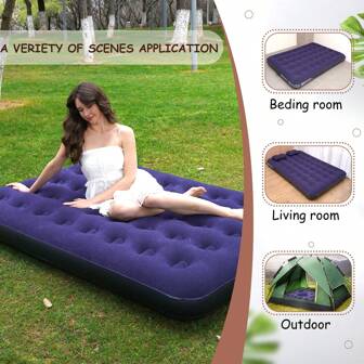 充气床垫，波浪绒顶双人充气床垫，耐用气垫床，适合家庭、露营和客人使用 - 承重 500 磅（深蓝色）