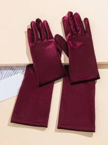 Solid Long Gloves - Burgundy - View 5