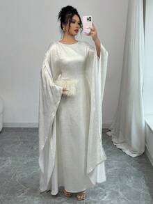 女式圆领可调节腰部休闲连衣裙，采用闪亮面料，端庄大方 - 杏色 - 查看 7